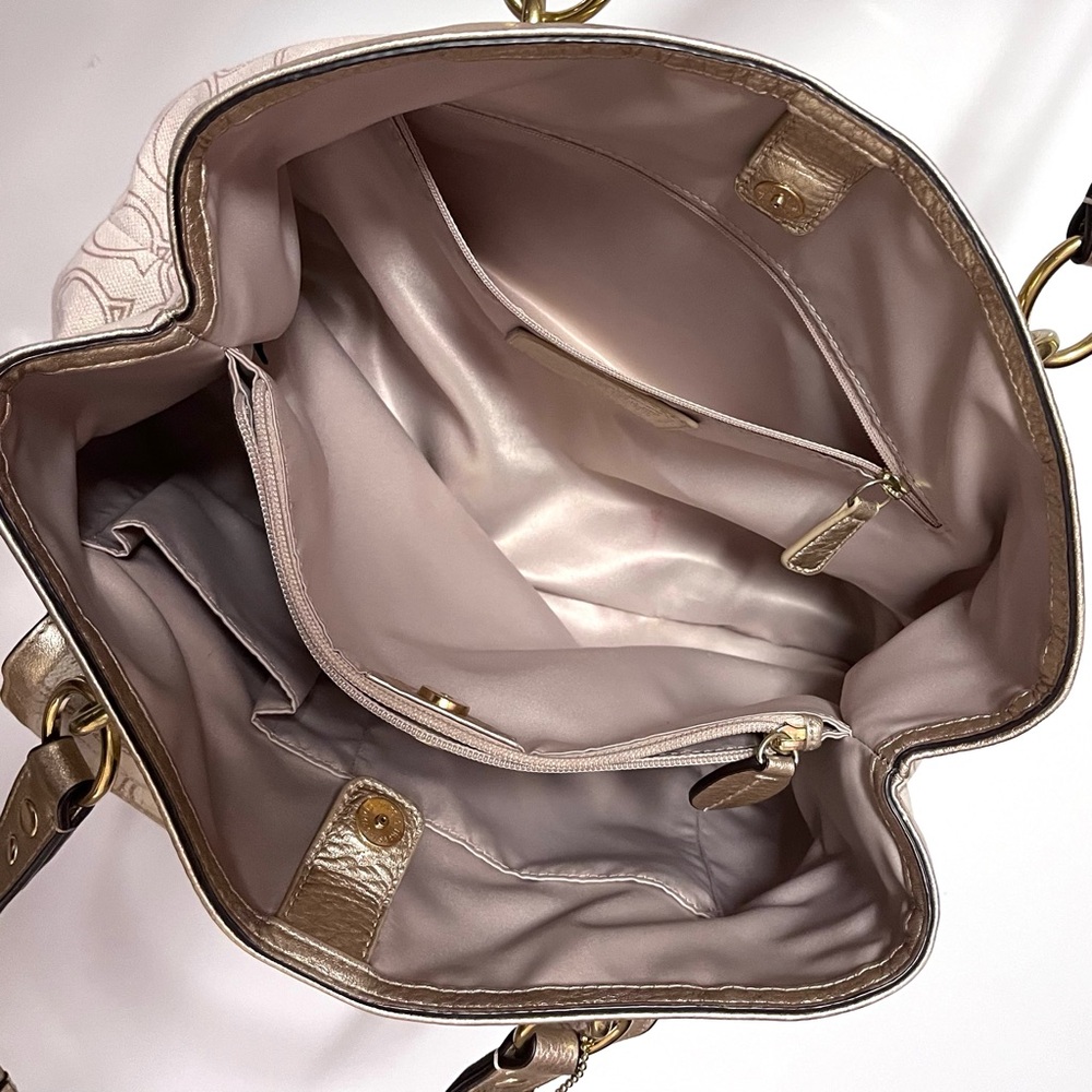 Coach Monogram Penelope Handbag Satchel Gold Leather Ivory Linen Signature C - Picture 10 of 16